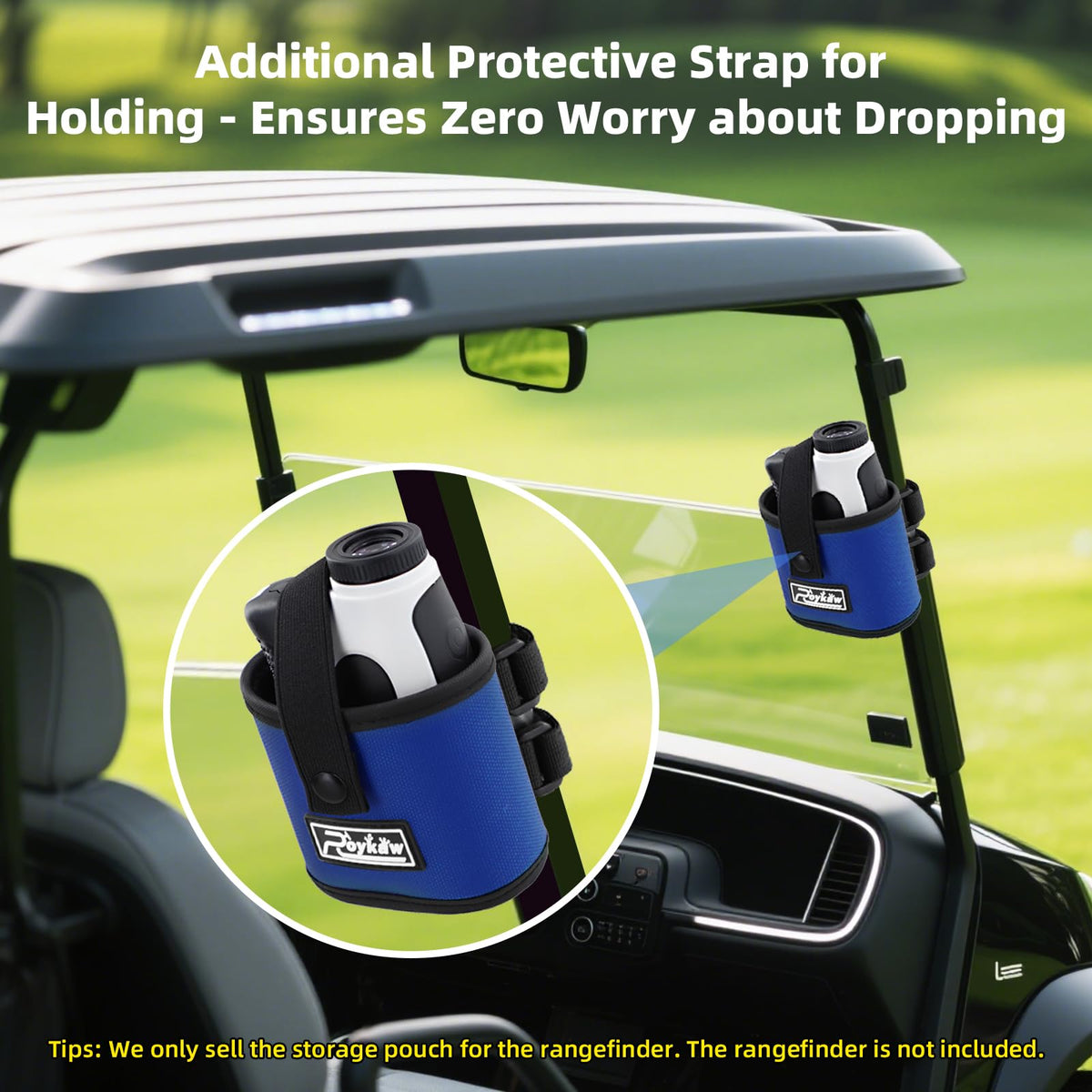 Roykaw rangefinder-holder-on-cart provides quick access during a round