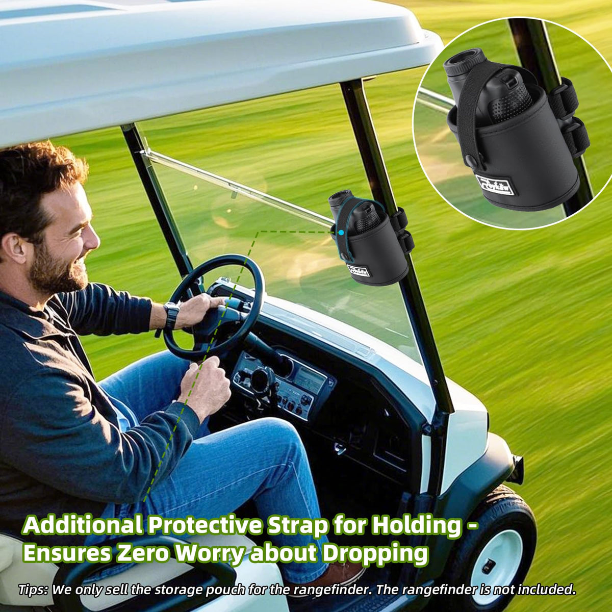 Roykaw rangefinder pouch holding rangefinder demonstrates stable grip on uneven terrain