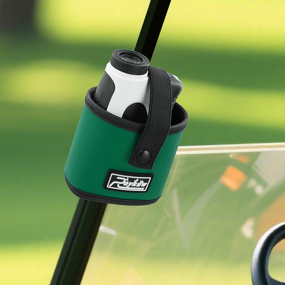Roykaw rangefinder pouch mount on cart for quick access during rounds