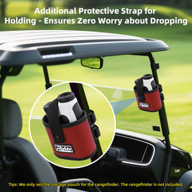 Roykaw rangefinder pouch mount on cart front view highlights quick reach