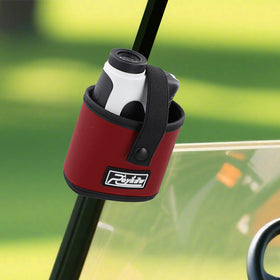Roykaw rangefinder pouch mount on cart side view showing easy access
