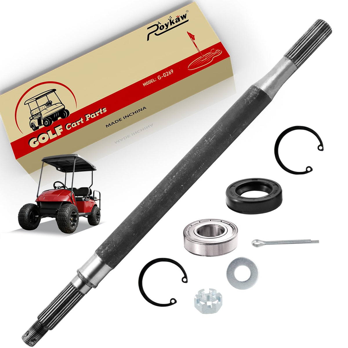 Roykaw rear axle shaft with bearing seal kit on passenger side, 16-3/4 inch, for EZGO — smoother ride.