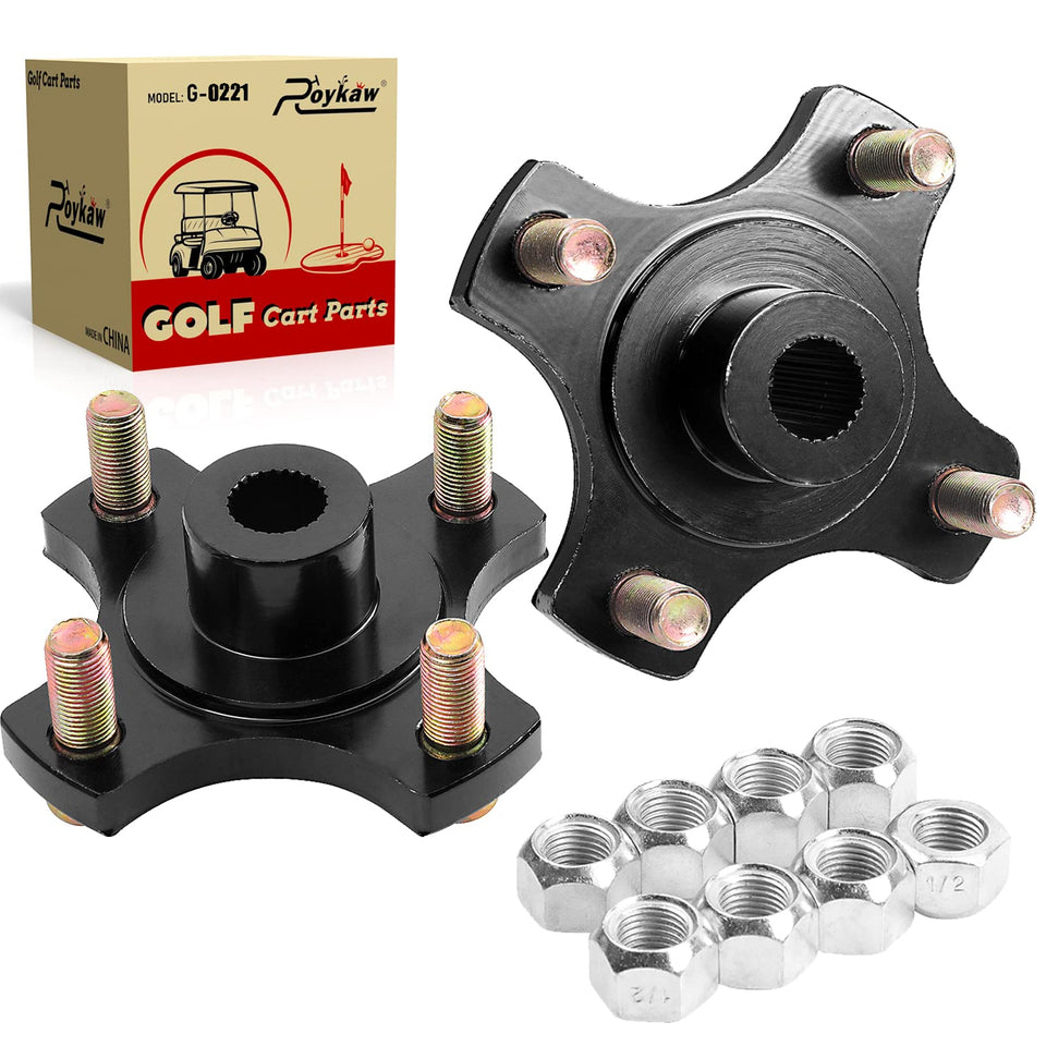 Roykaw rear-wheel hub flange plate for EZGO RXV 2008+ top view shows precise fit.