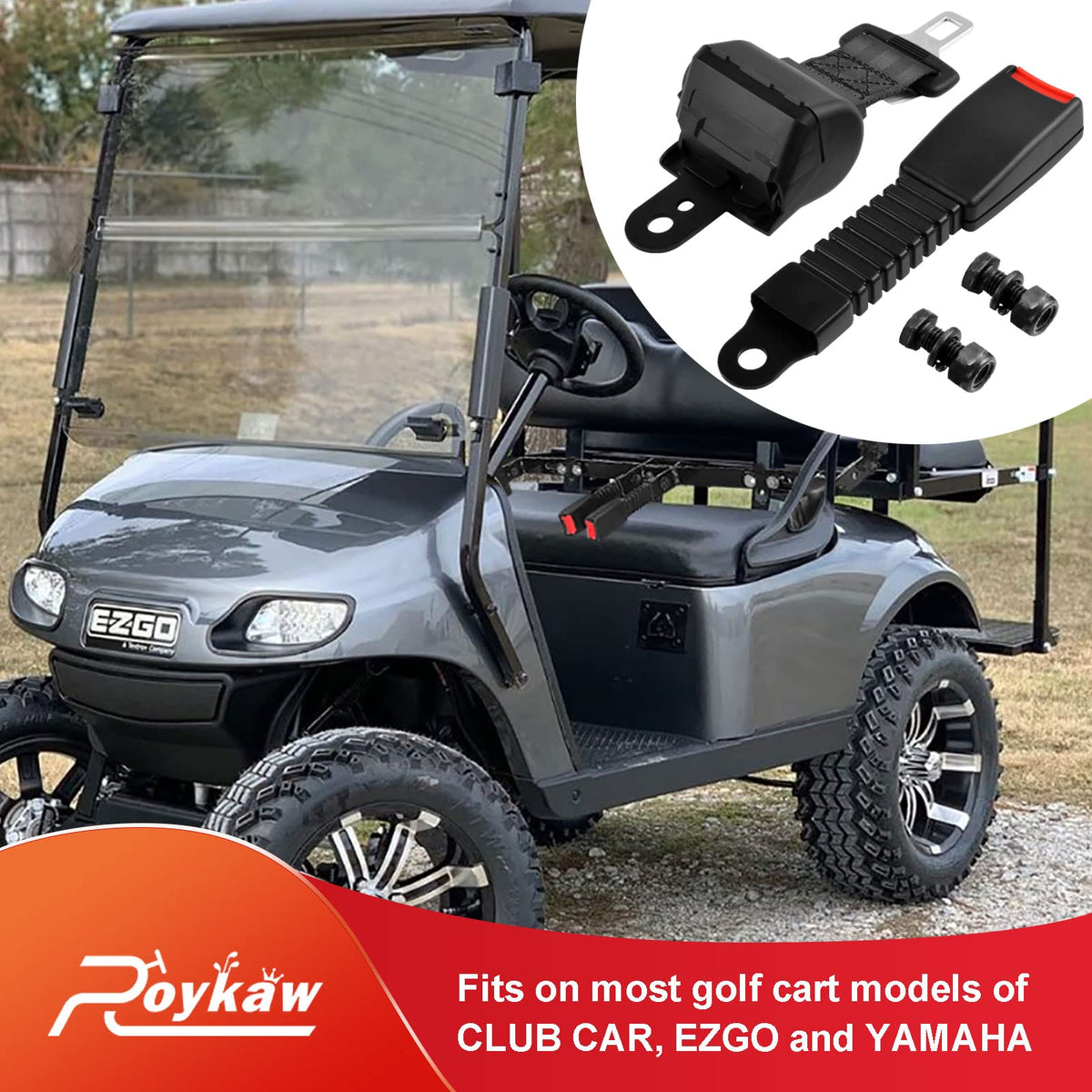 Roykaw retractable belt for Club Car front seat enables easy buckling.