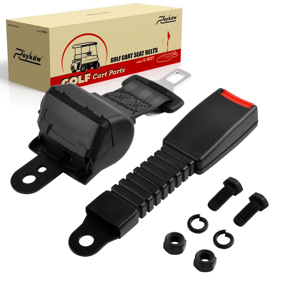 Roykaw retractable seat belt on EZGO carts enhances passenger safety.