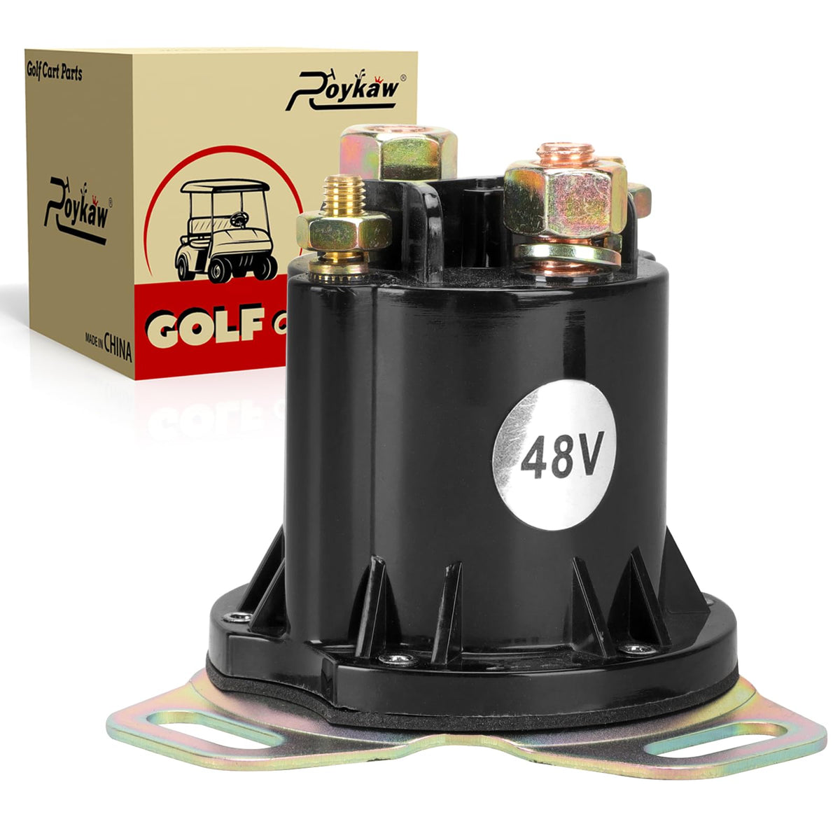 Roykaw 48V solenoid front view with rugged rubber shell for durability.