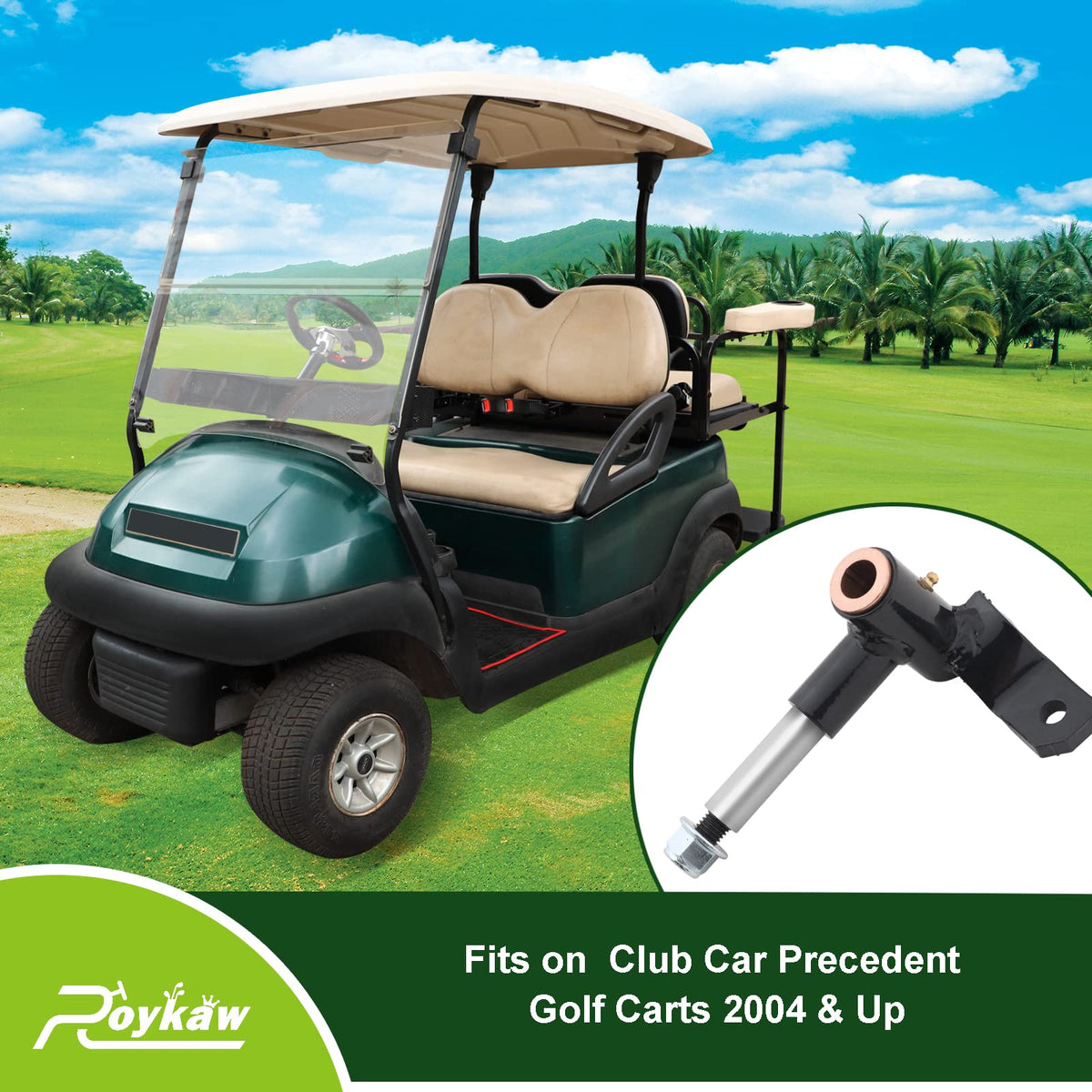 Roykaw spindle detail highlights precision machining for consistent fit in Club Car Precedent.
