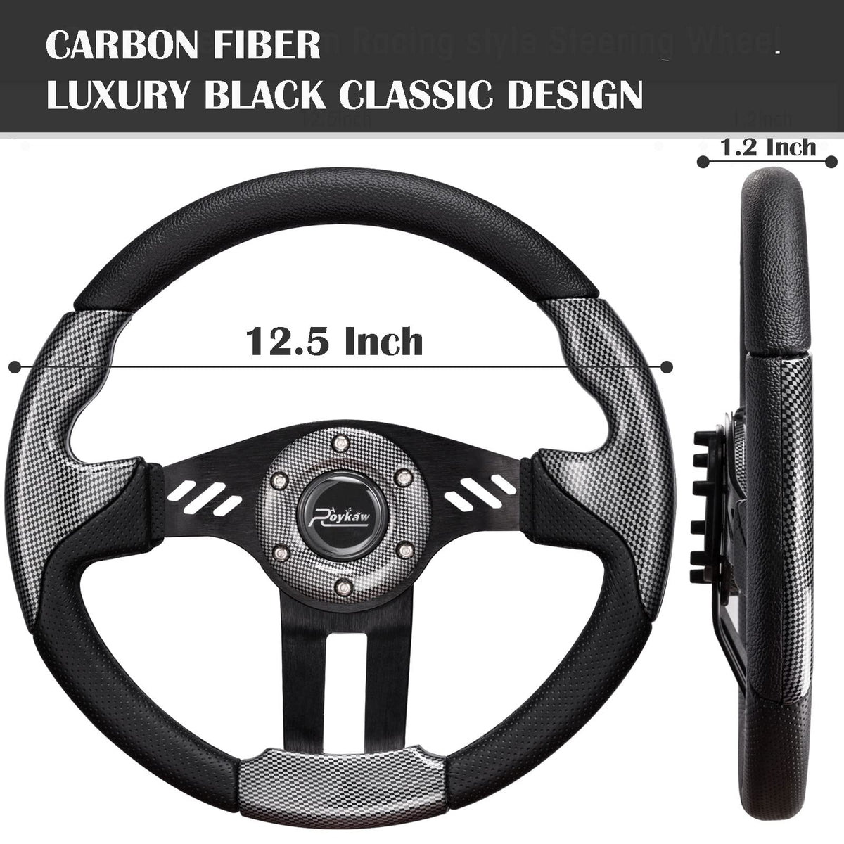 Roykaw steering wheel with brushed aluminum spokes offers durable, stylish framing
