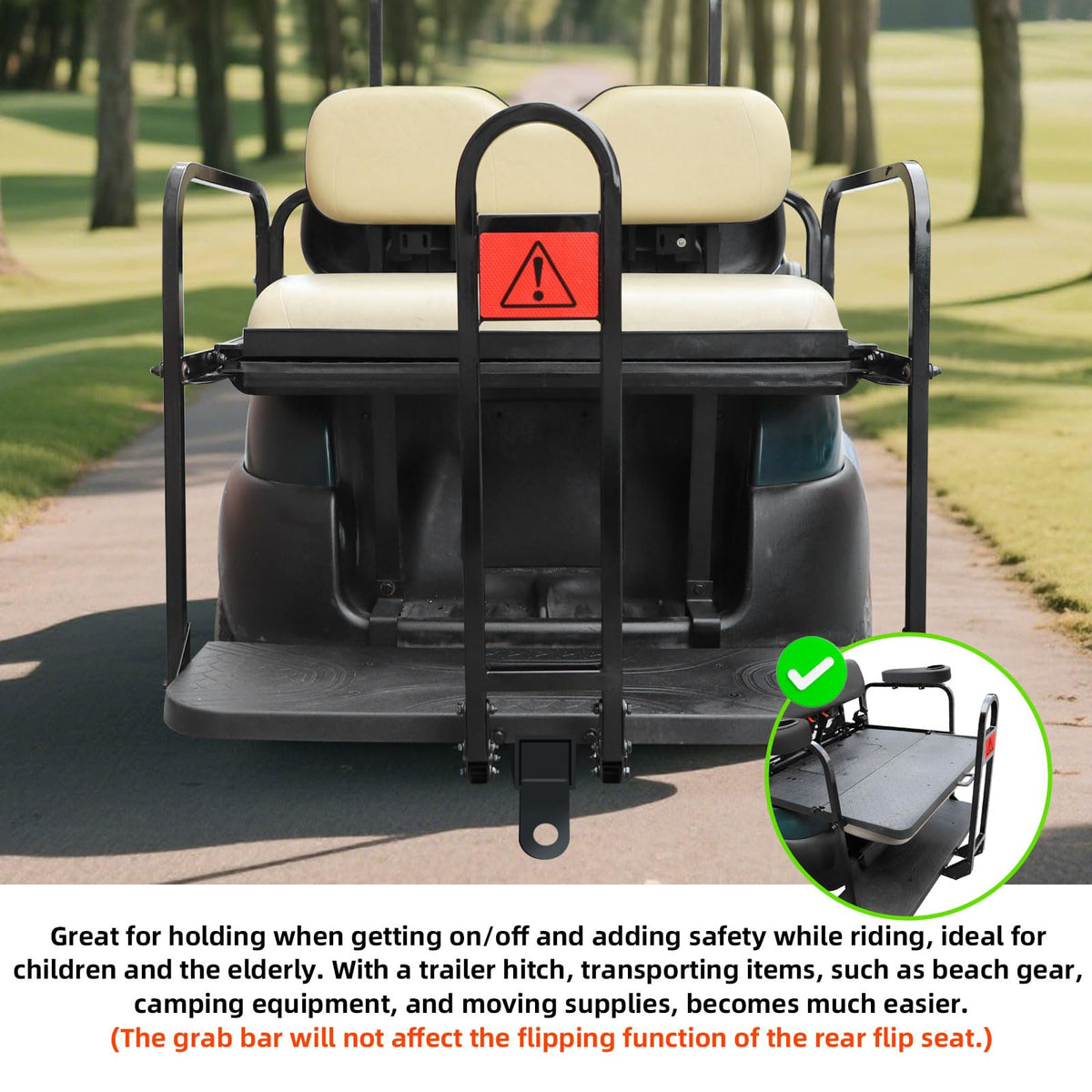Roykaw trailer hitch with receiver enables secure towing on golf carts.