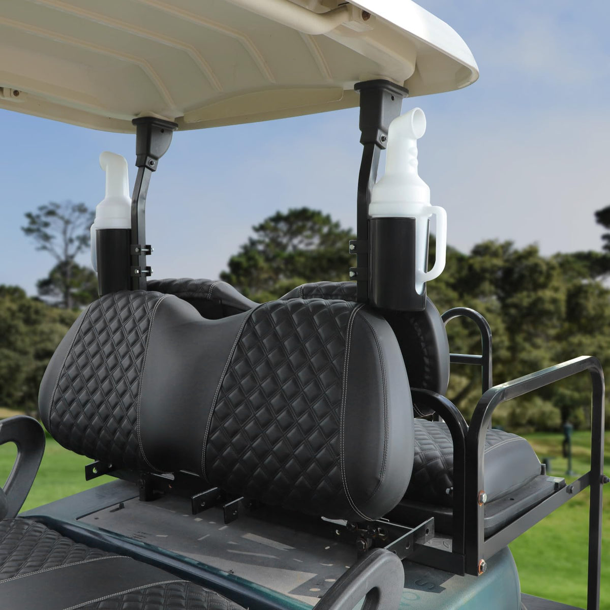 Roykaw universal divot filler mounting shown on a cart frame.