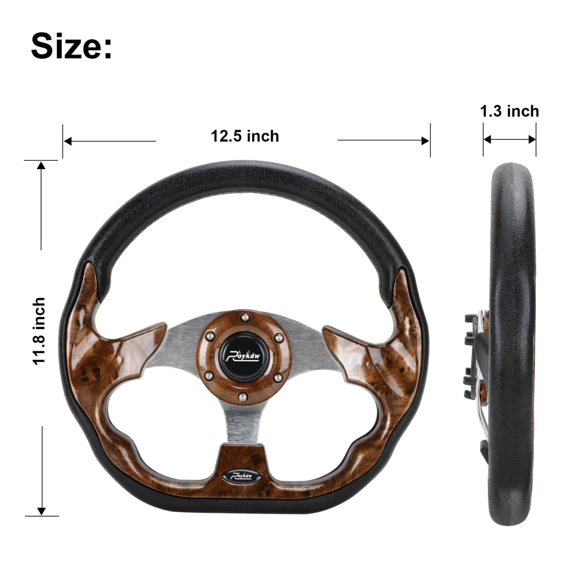 Roykaw universal-fit steering wheel suits most golf carts.