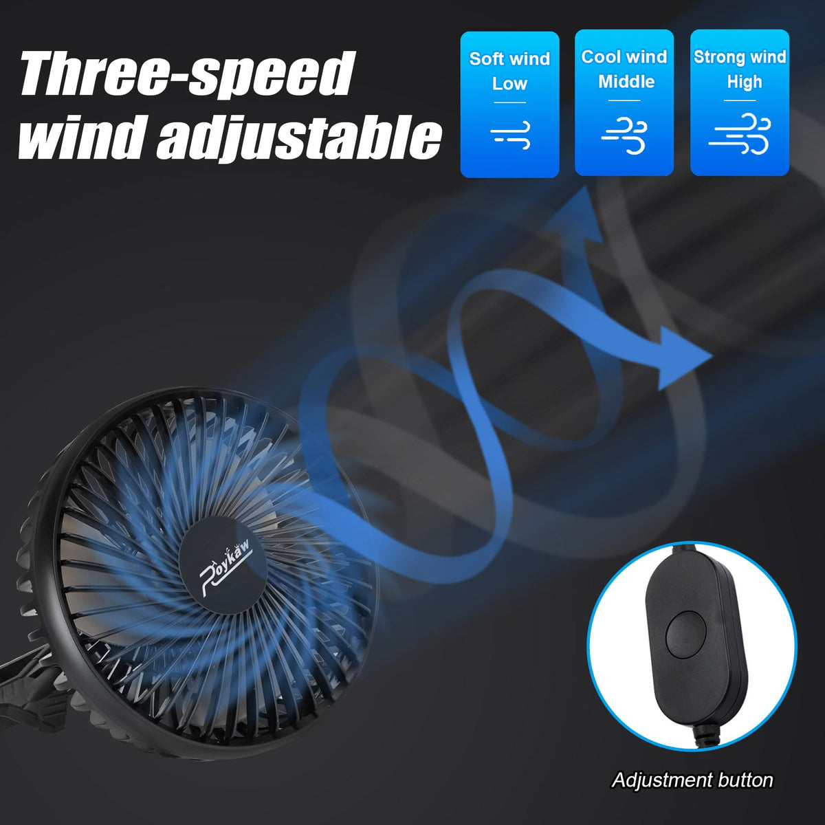 Roykaw USB golf cart fan in 3-speed mode for customizable breeze.