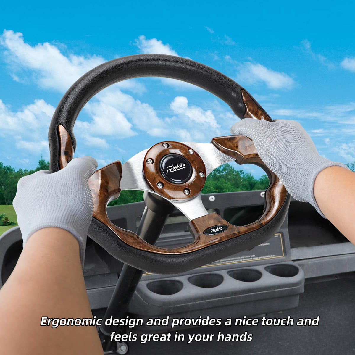 Roykaw wood grain steering wheel enhances classic golf cart styling.