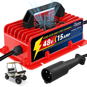 Roykaw 48V 15A golf cart charger front view showing fast charging capability