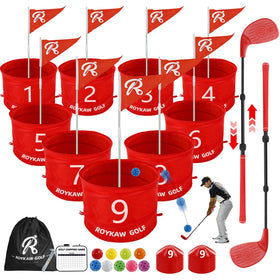 Roykaw backyard golf buckets line the course for a quick family challenge