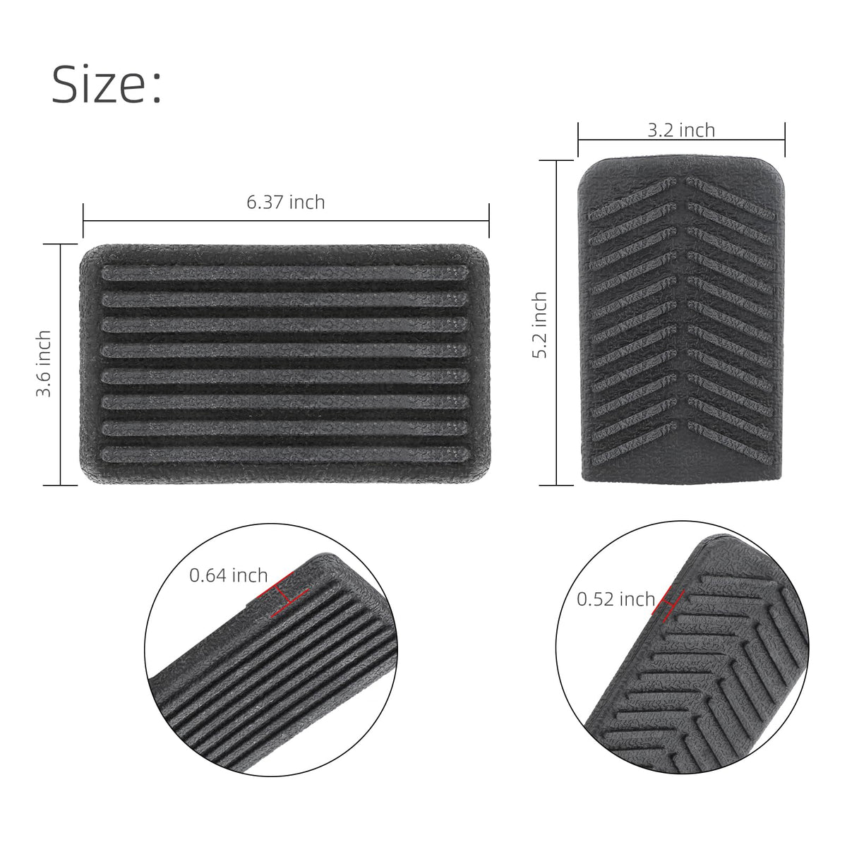 Roykow brake pedal pad dimensions showing precise fit for easy replacement.