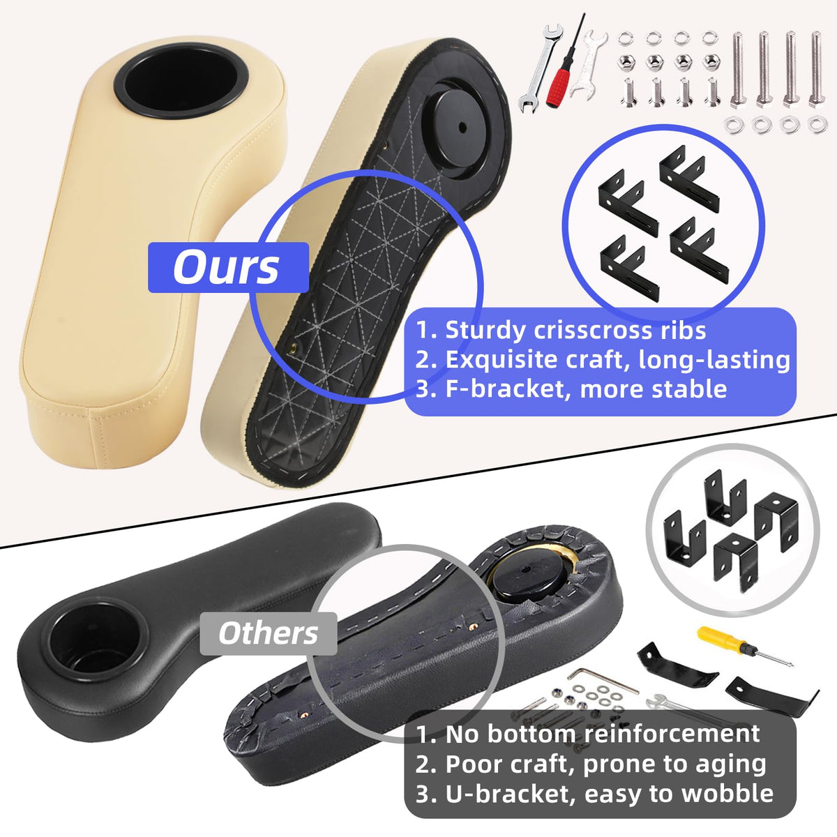 Crisscross rib design adds torsion resistance to the armrest