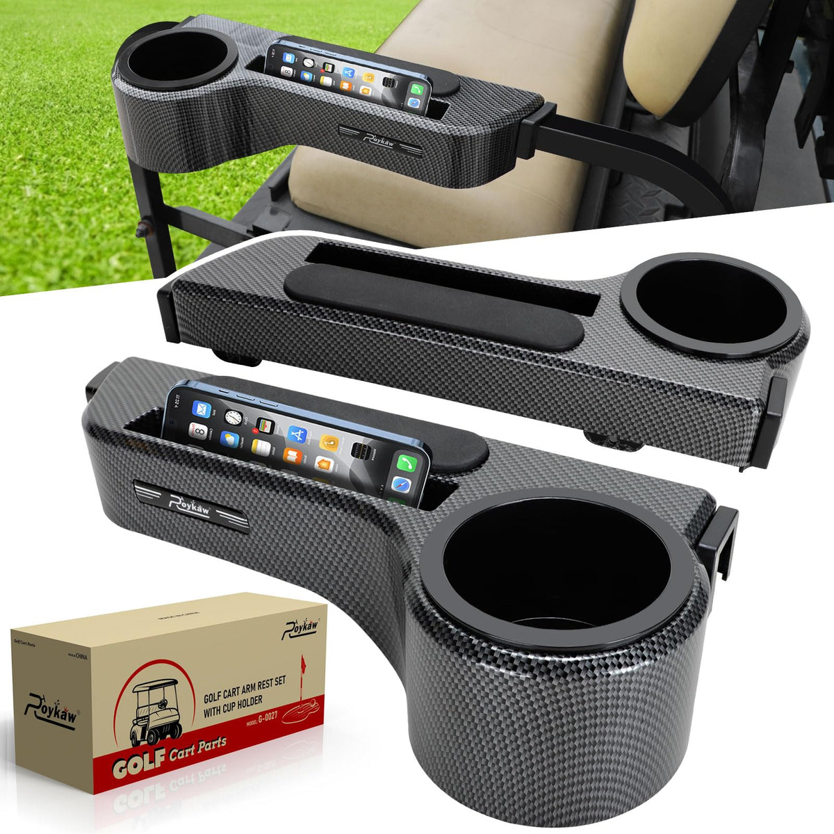 Roykow golf cart armrest with cup holder on the left side enhances passenger convenience.