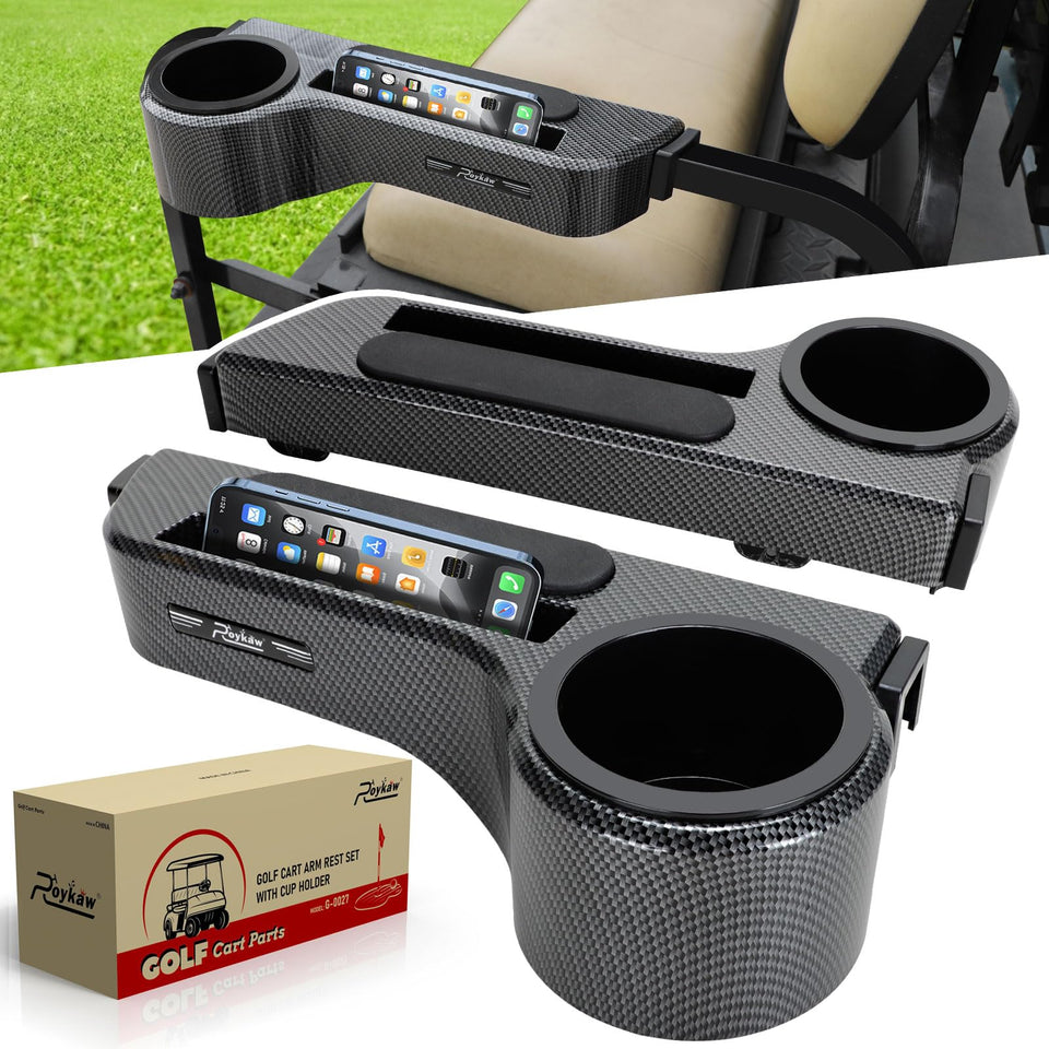 Roykow golf cart armrest with cup holder on the left side enhances passenger convenience.