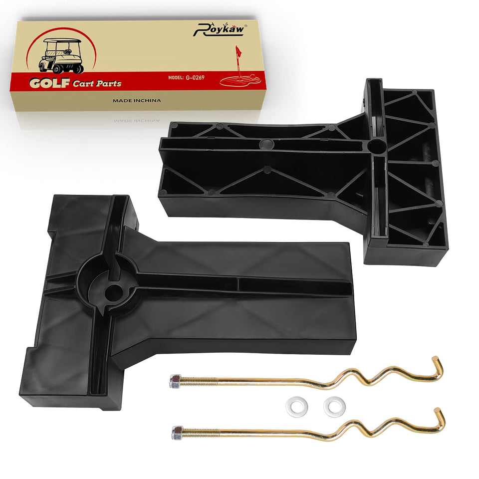 Roykaw golf cart battery hold-down plate kit secures 48V battery on Club Car Precedent
