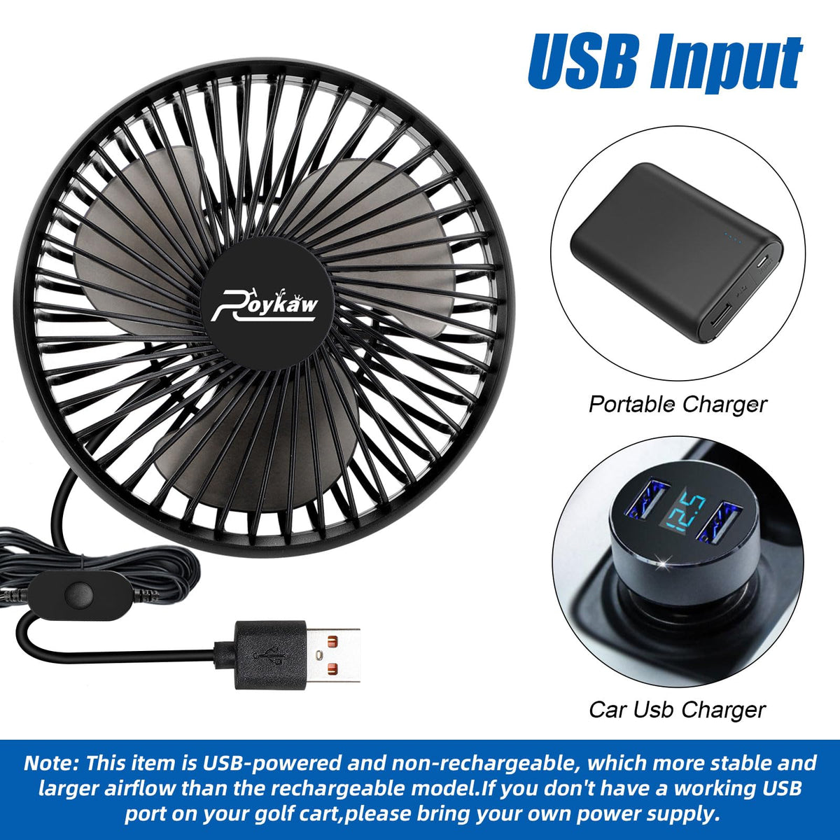 Roykow golf cart fan compatible with EZGO TXT/RXV and Club Car models.