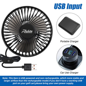 Roykow golf cart fan compatible with EZGO TXT/RXV and Club Car models.