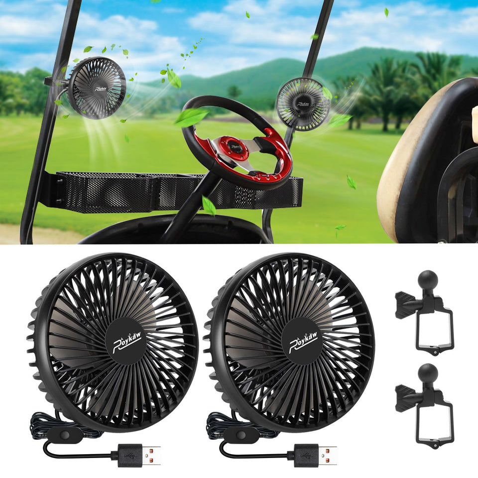 Roykow golf cart fan USB-powered clip for square frames.