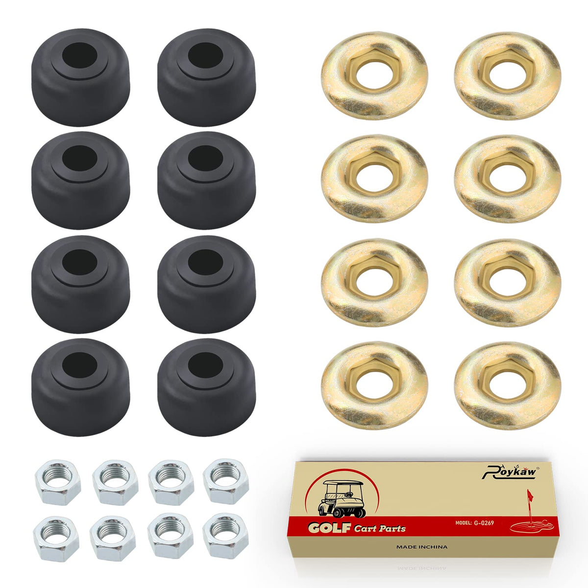 Roykaw golf cart shock bushing kit packaging shows a complete replacement set.