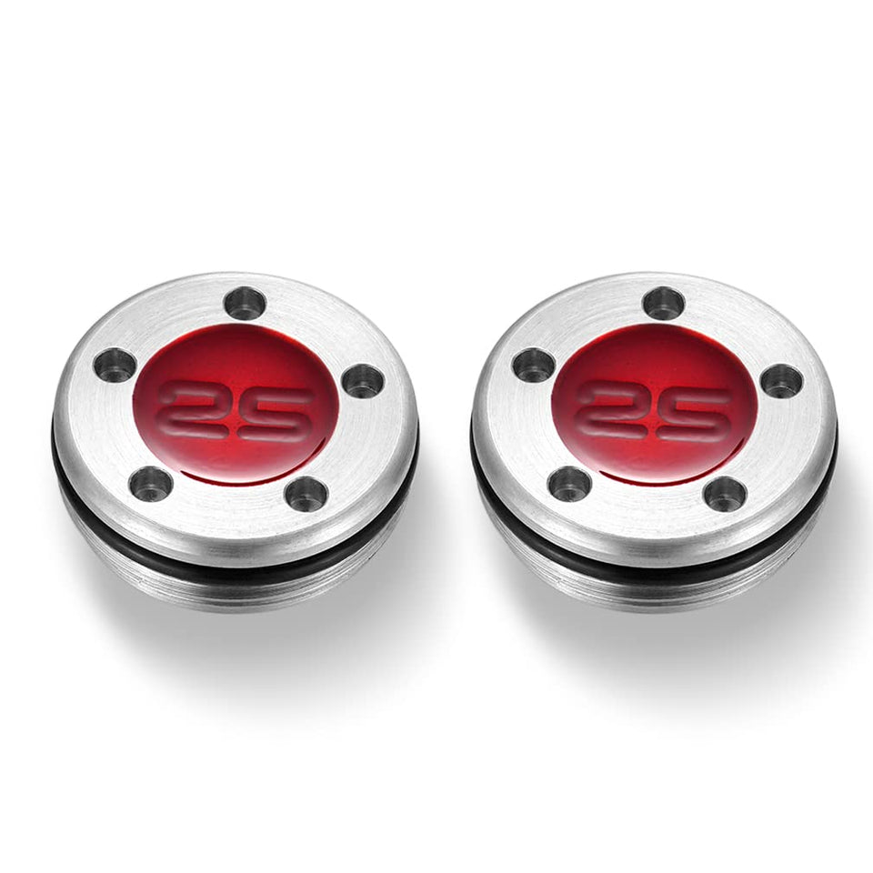 ROYMADE Newport putter weights on the putter head in red for adjustable balance.
