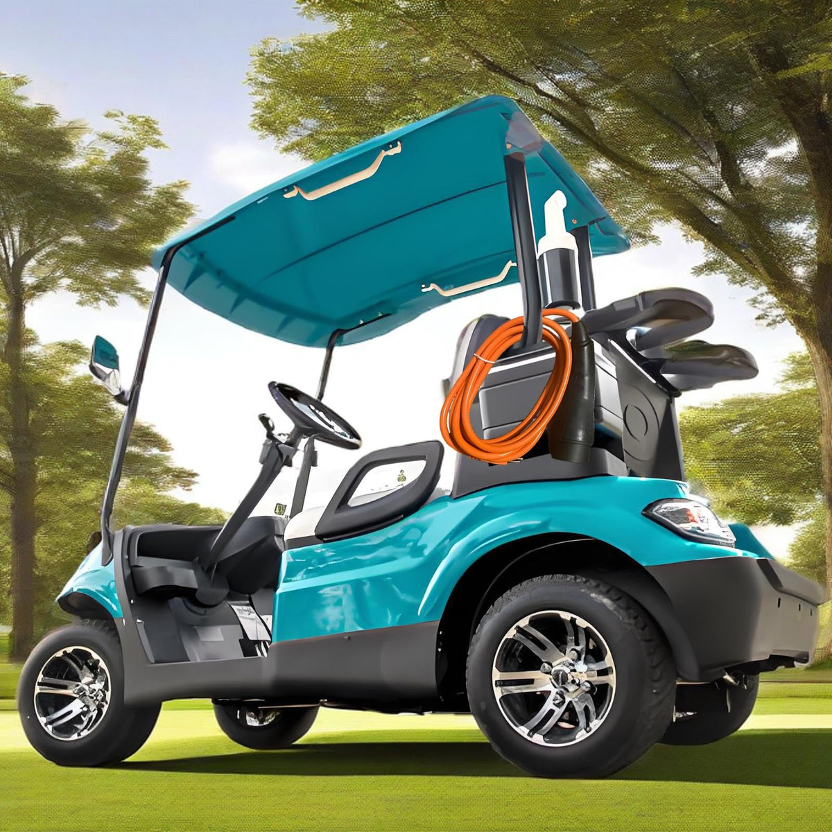 RQG simple plug-and-play charger cord for easy maintenance on golf carts.