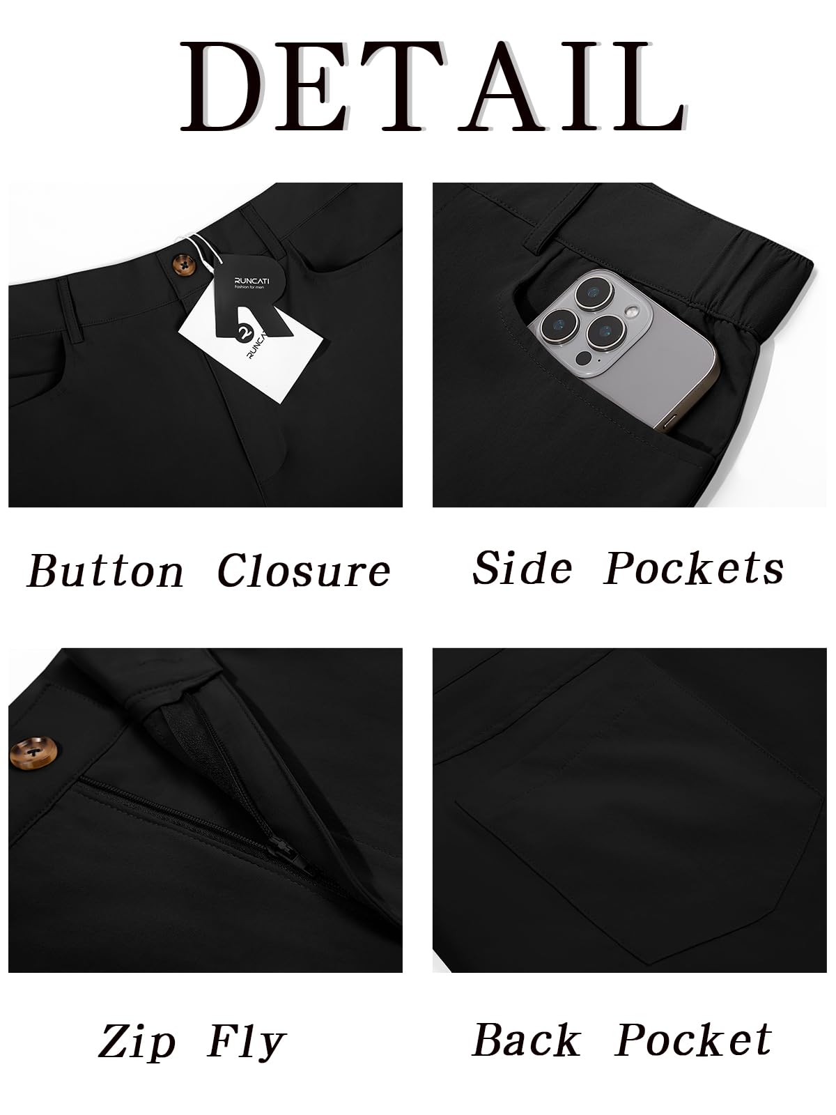 Runcati men's black golf pants withstand everyday wear and pair with formal or casual outfits