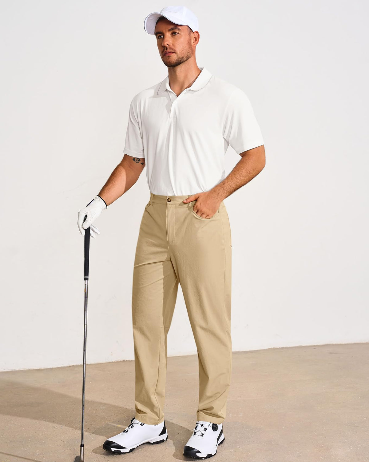 Runcati mens golf pants in slim-fit khaki suit work and casual occasions.