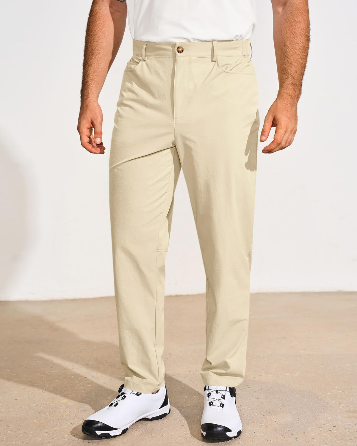 Runcati men's stretch work dress pants in beige offering comfortable mobility.