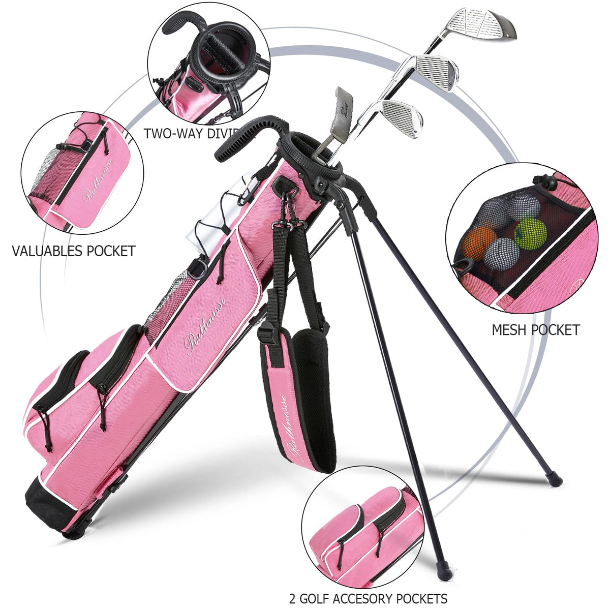 RUTHNISSI golf stand bag feet with rubber tubing, floor protection.