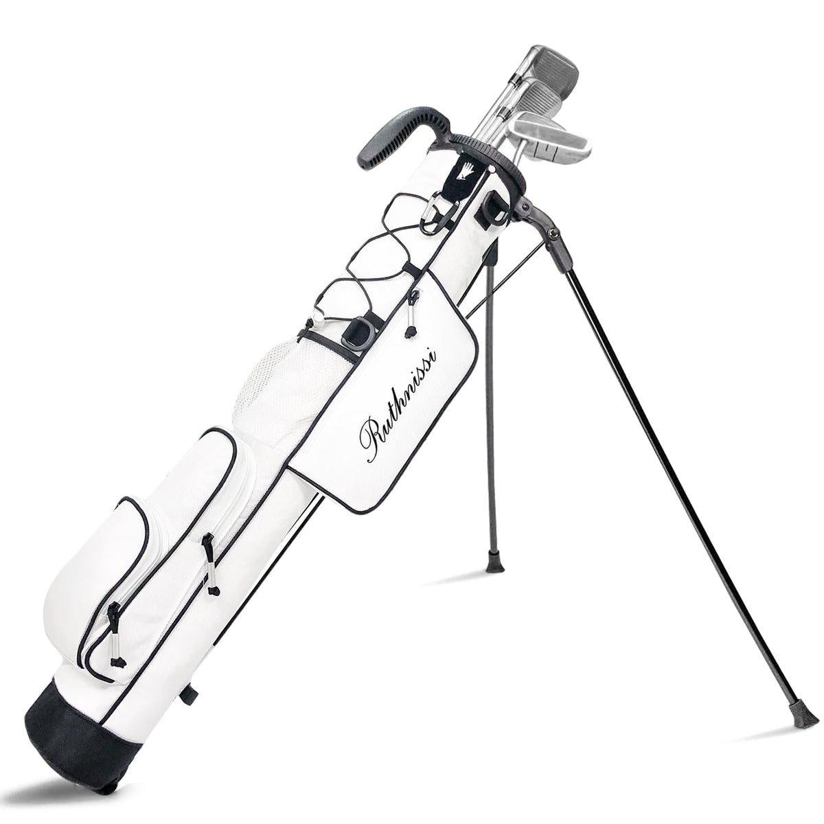 RUTHNISSI Golf Stand Bag front-pocket view demonstrates organized storage for accessories.