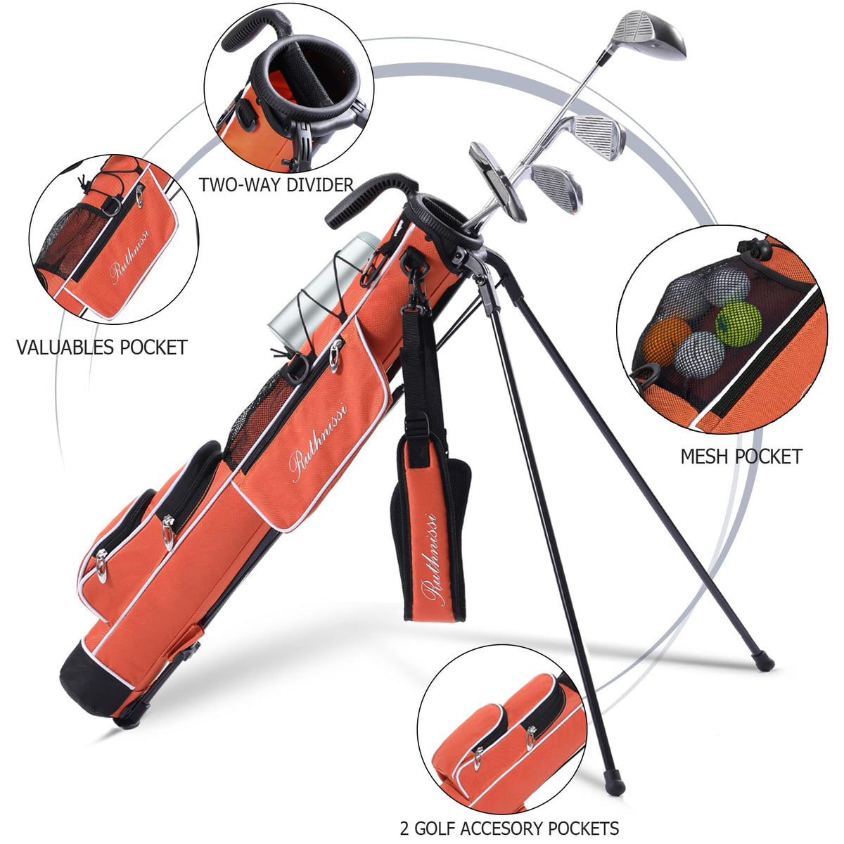 RUTHNISSI golf stand bag front view shows quick-access pockets for essentials