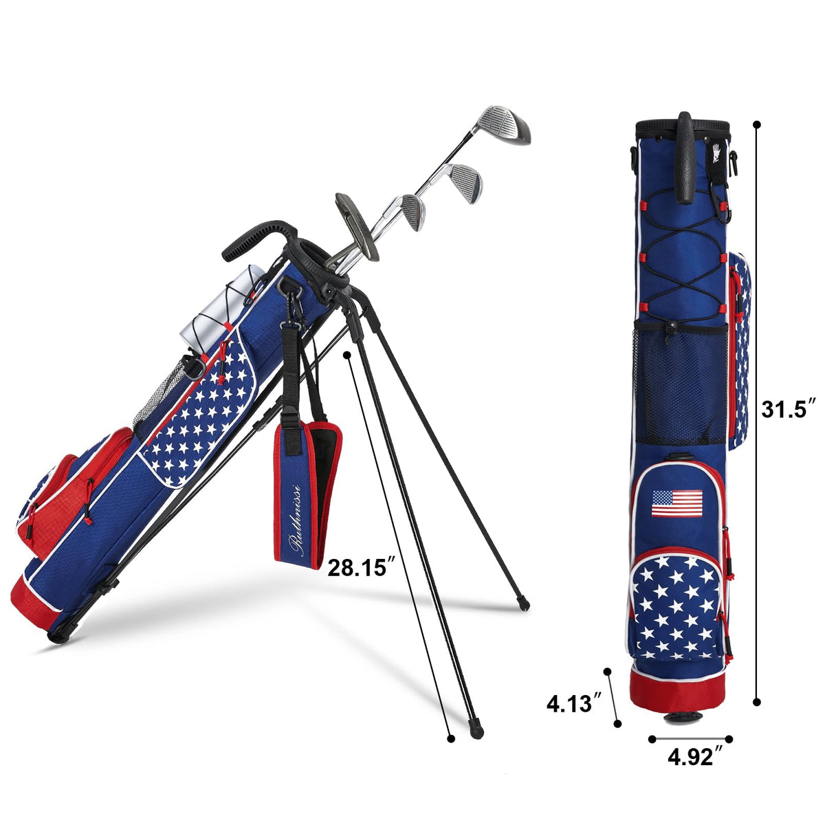 RUTHNISSI golf stand bag side pocket open with ball and accessory storage.