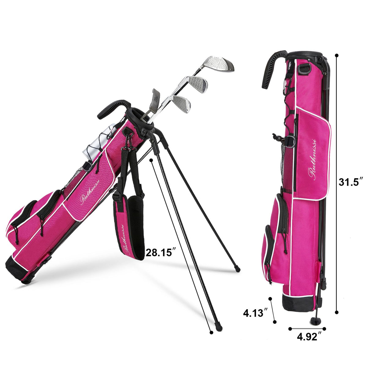 RUTHNISSI golf stand bag side pockets image showcases organized storage for balls and tools.