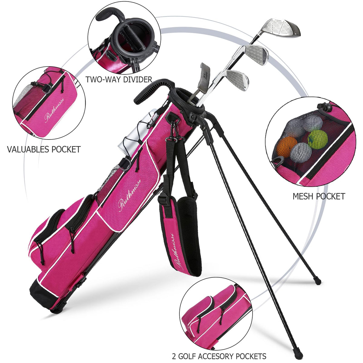RUTHNISSI golf stand bag stand-legs demonstrates stable height on various surfaces.