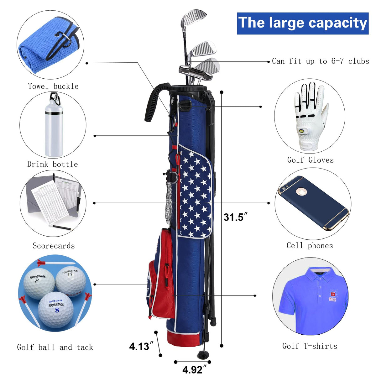 RUTHNISSI golf stand bag stand mechanism shown with easy-release legs for stability.