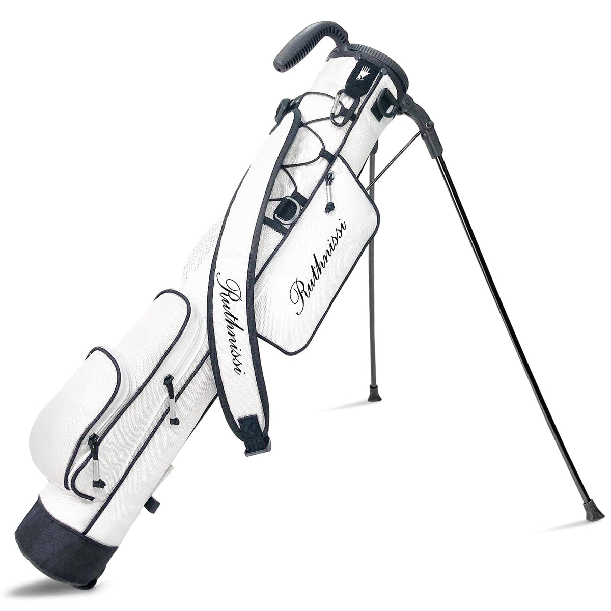 RUTHNISSI Golf Stand Bag stand mechanism provides stable setup on grass.