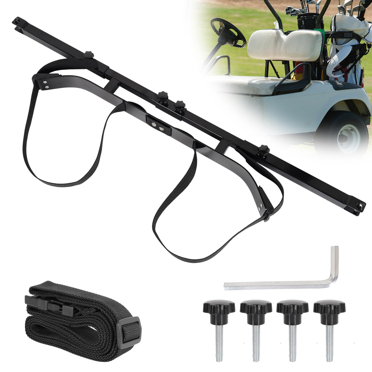 RUTU golf bag holder on 2+2 rear seat for a secure, adjustable fit.
