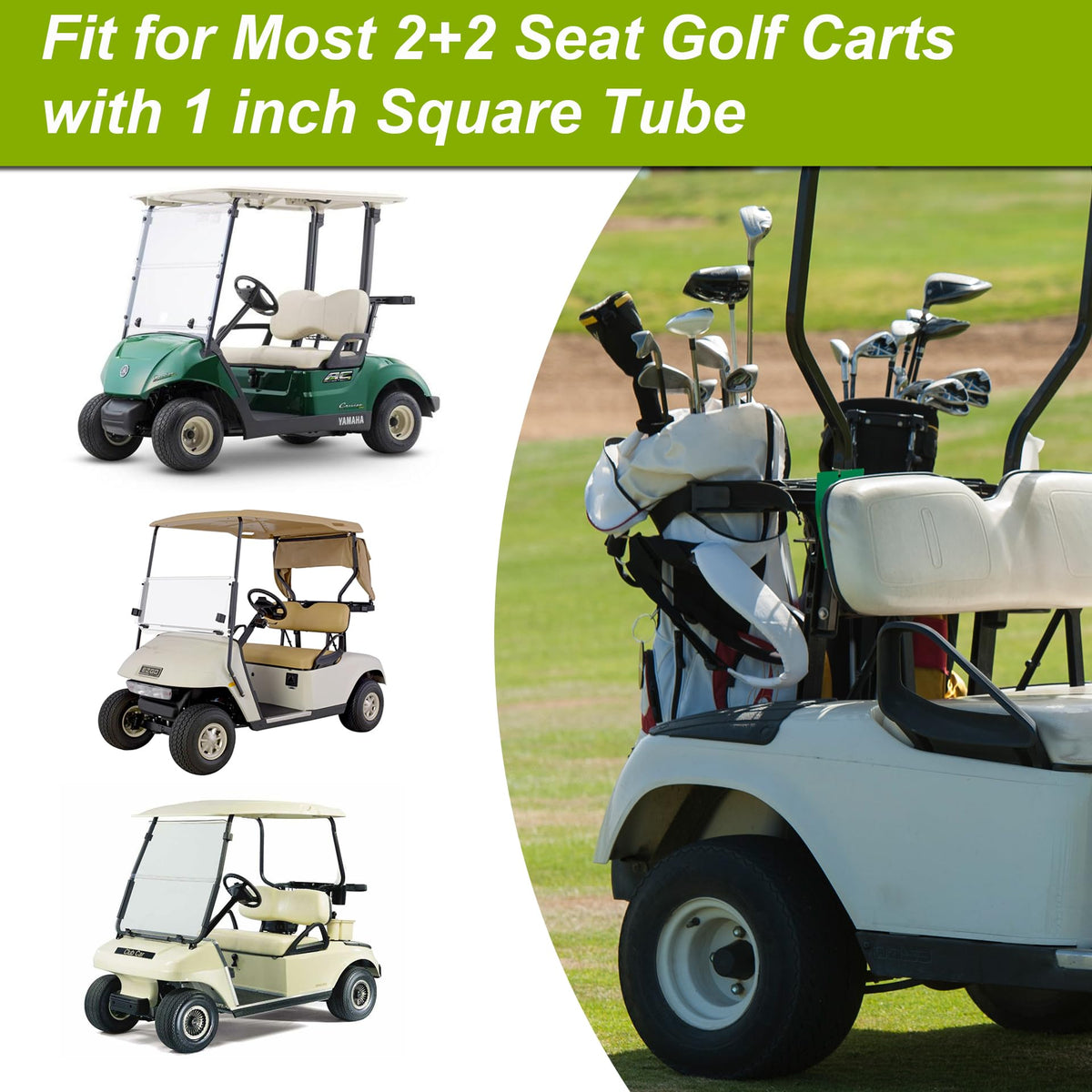 RUTU 2+2 fit image shows universal compatibility for EZGO, Club Car, and Yamaha