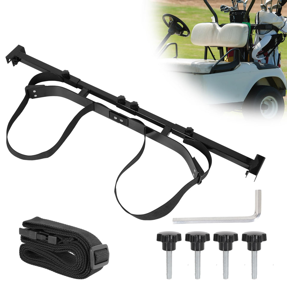 RUTU golf cart bag holder side view shows adjustable fit for 2+2 rear seats with stability