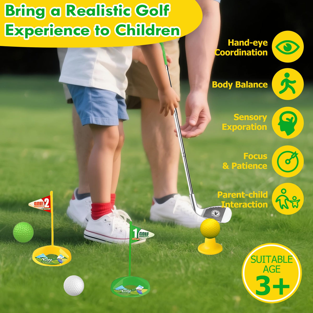 RYANER Adjustable clubs show wood, iron, putter for growing players.