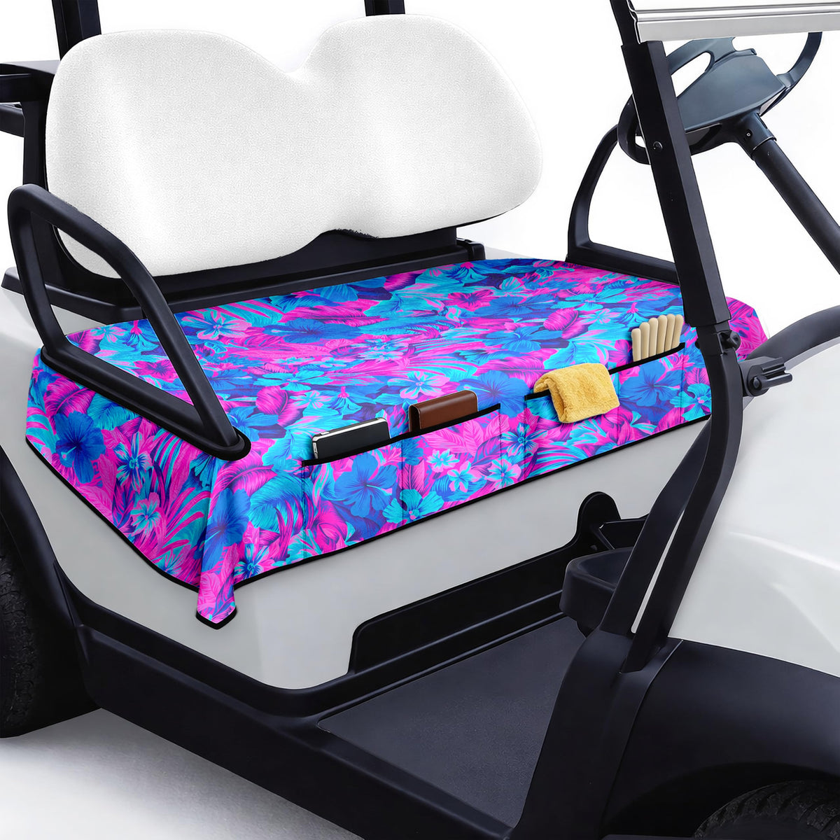 rywyyebsi Golf Cart Seat Cover with Front Pockets keeps essentials organized on the go