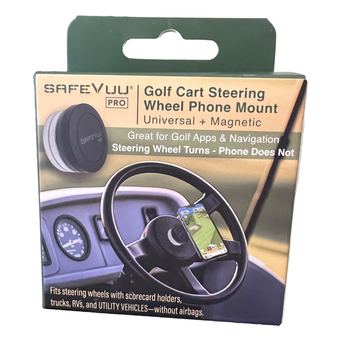 SafeVuu steering wheel mount securely holds your phone for GPS viewing on golf carts and trucks.