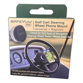 SafeVuu steering wheel mount securely holds your phone for GPS viewing on golf carts and trucks.
