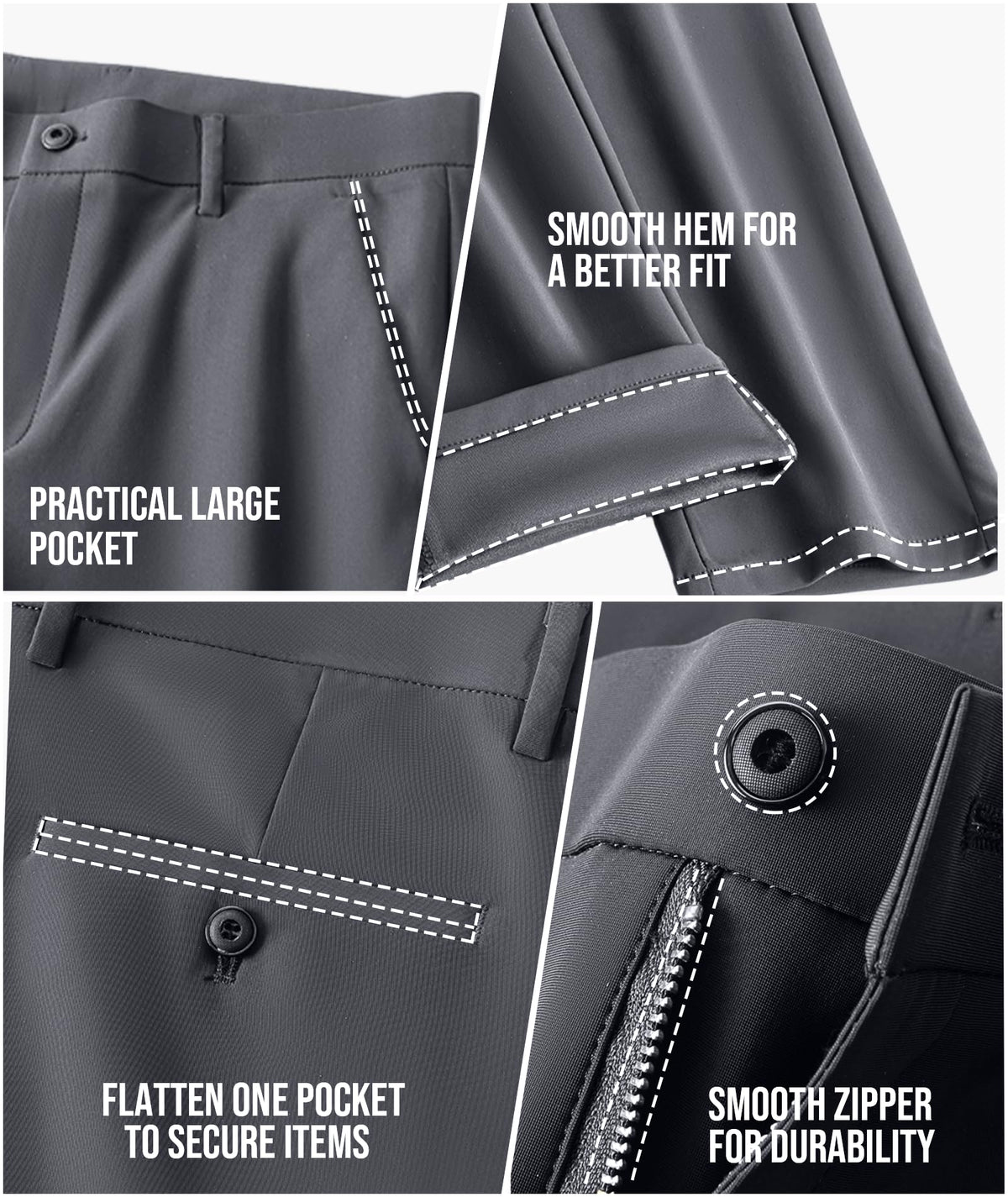 Safort pants belt closure and zipper for secure daily wear