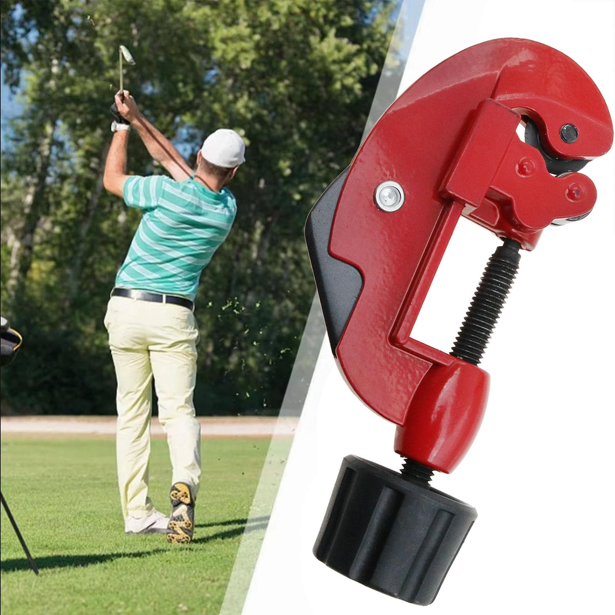 Safycaby golf club shaft cutter in use on a club shows versatile DIY use.